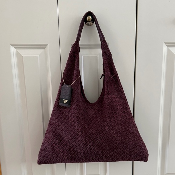 Woven Suede Leather Slouchy Hobo Shoulder Bag, Burgundy Red Purple - Picture 8 of 15